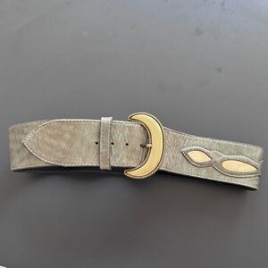 Simon Chang Olive Green Leather Belt with Gold-Tone Buckle and Cutouts